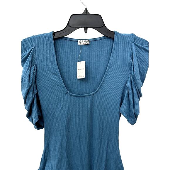 Free People Bodysuit Short Sleeves Ruffled Deep Scooped Neck Blue Women's XS NWT - Picture 3 of 10